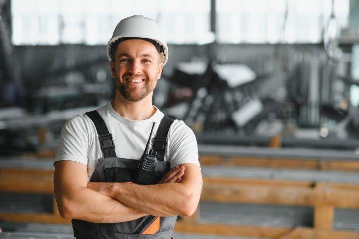 Worker in safety gear at metalworking site
