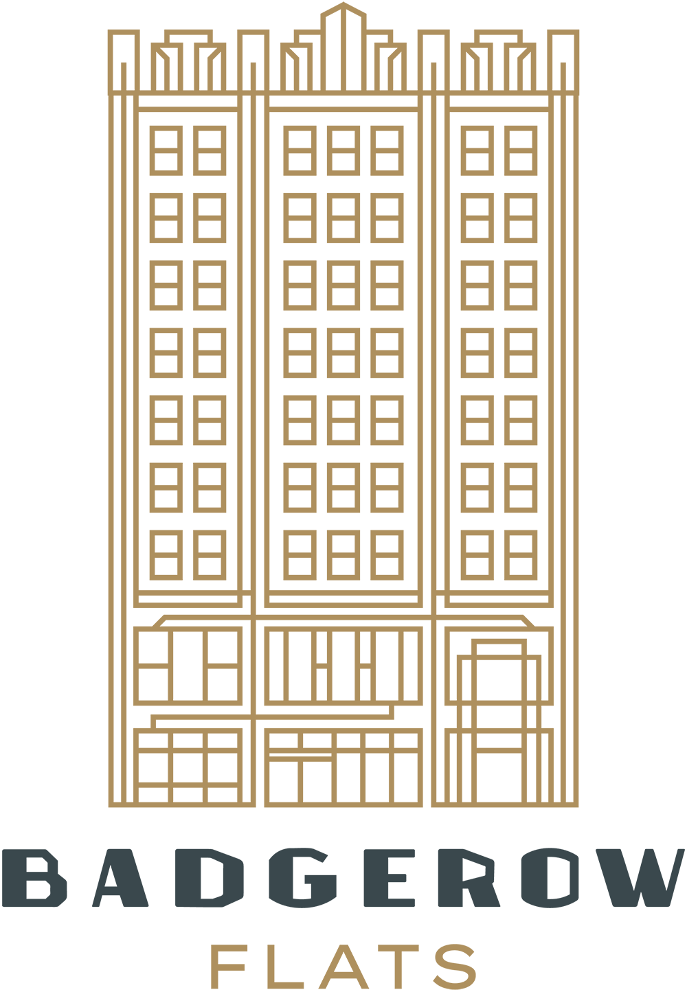 A logo for badger flats shows a building with a lot of windows