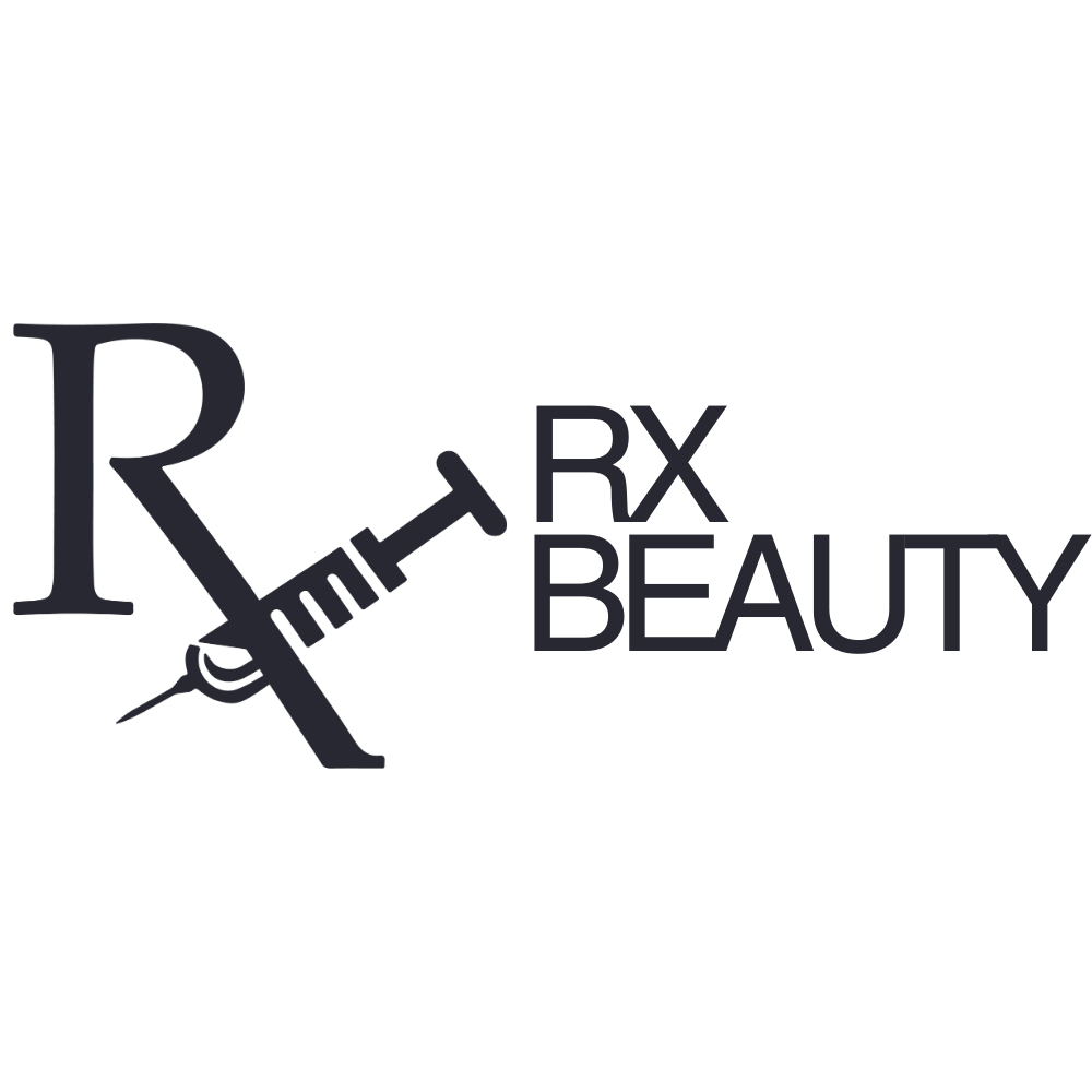 A logo for rx beauty with a syringe in the middle