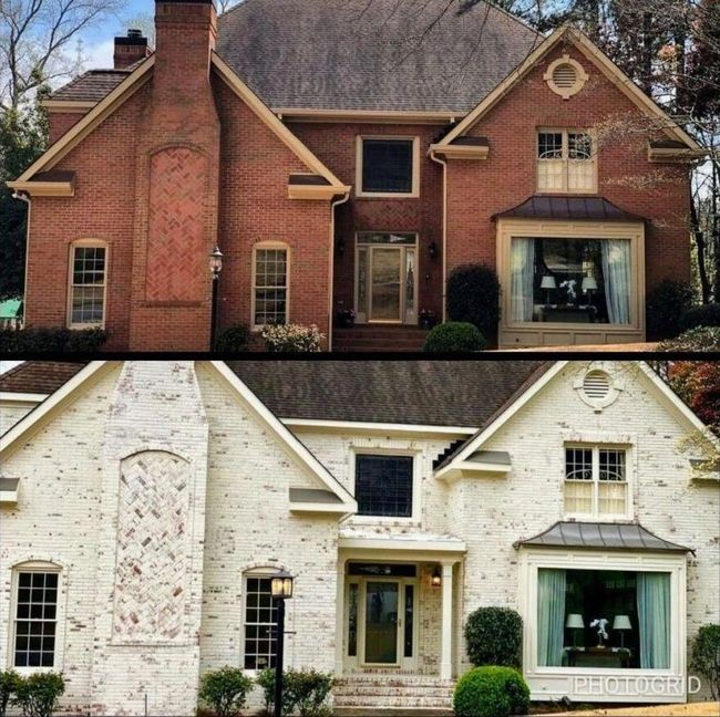 A before and after photo of a brick house painted white