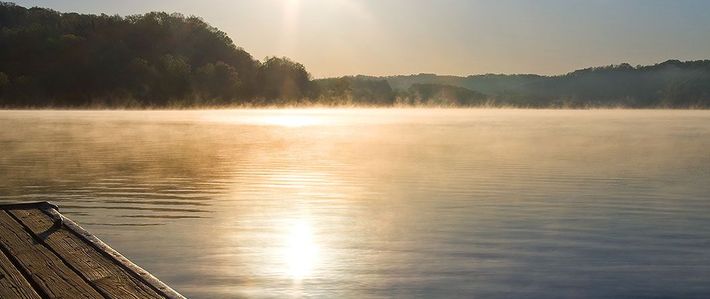 A foggy lake with a dock in the foreground and the sun shining through the fog.