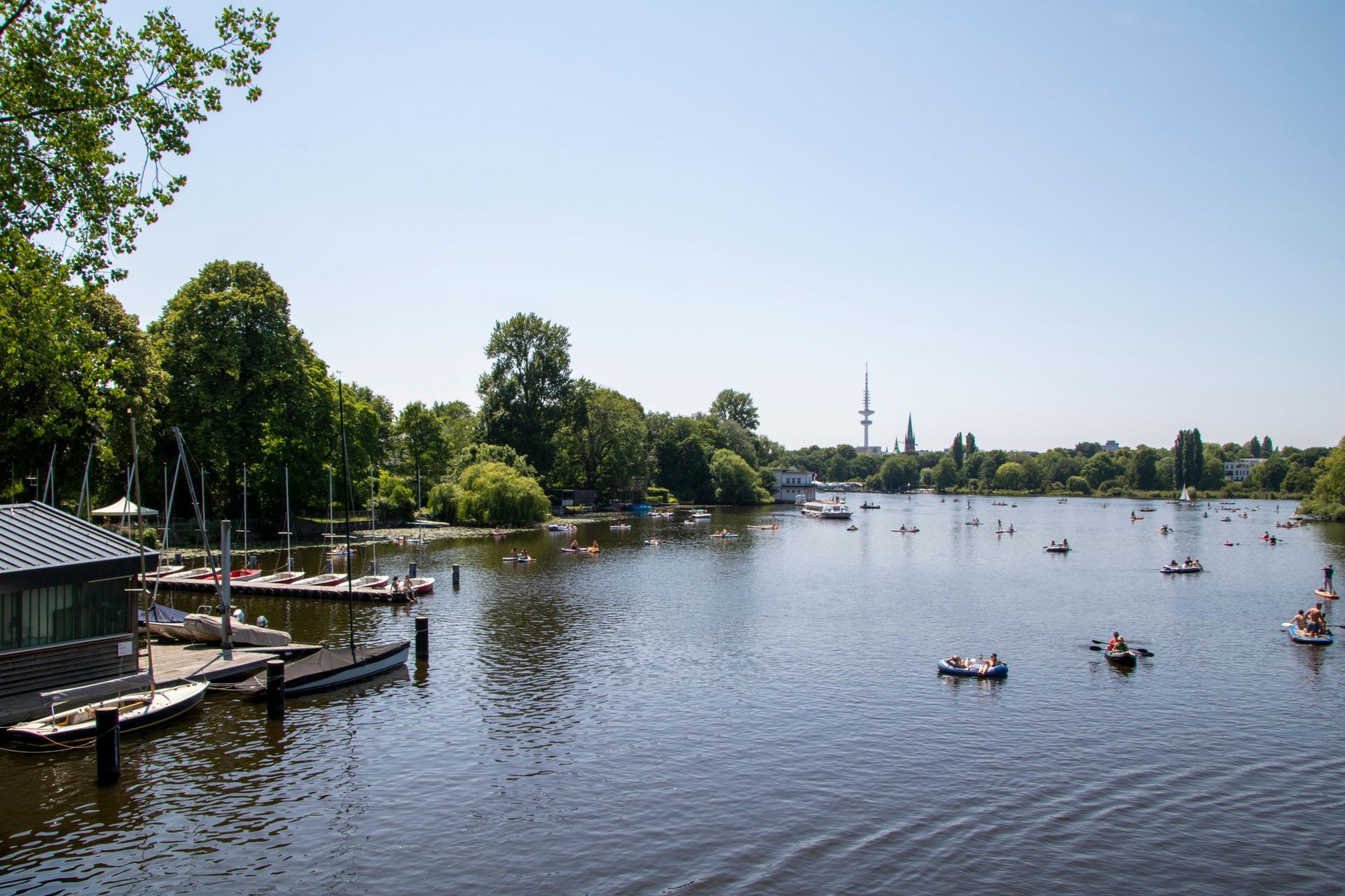 A large lake with many boats in it