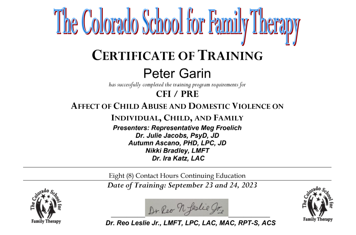 A certificate of training from the colorado school for family therapy