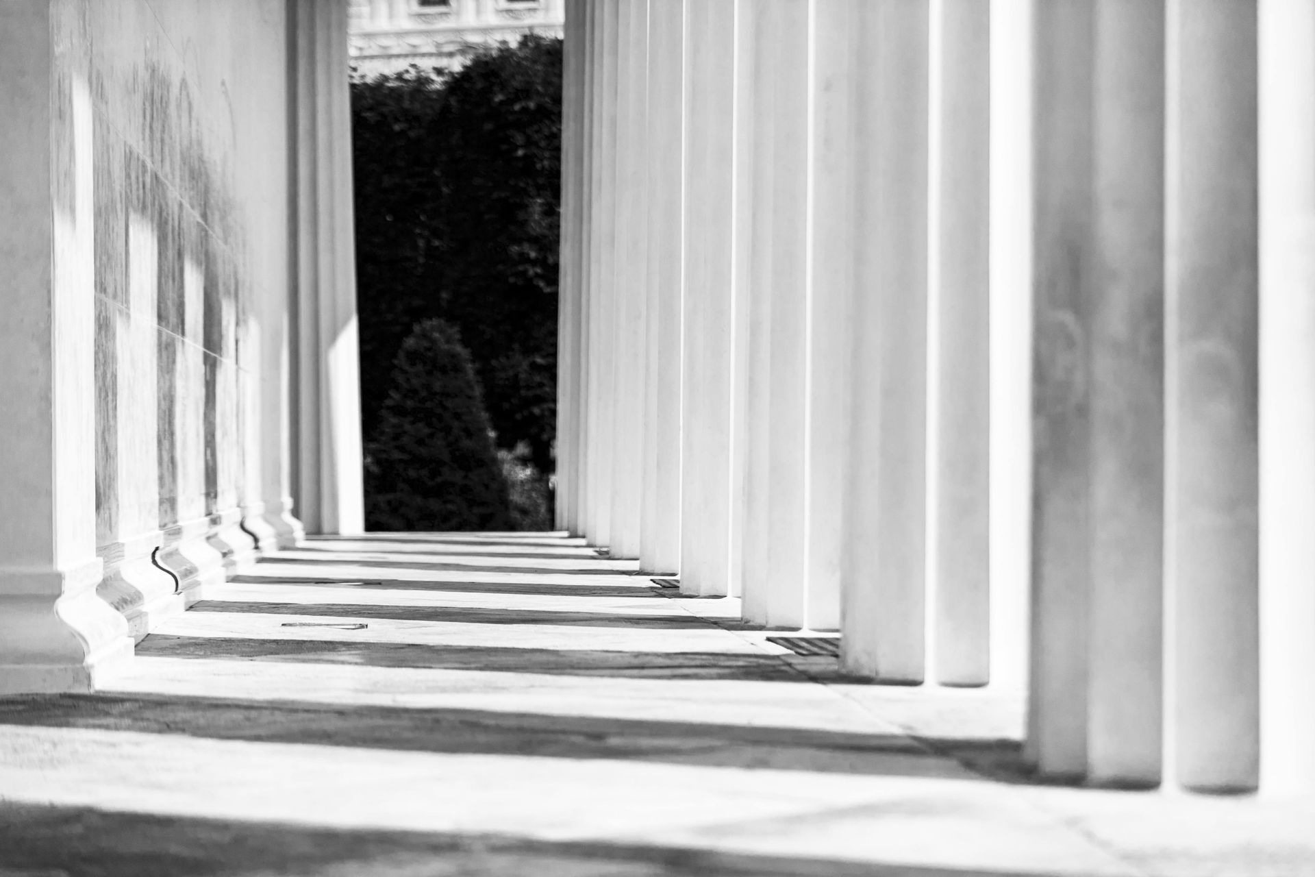 A black and white photo of a row of columns leading to a building.