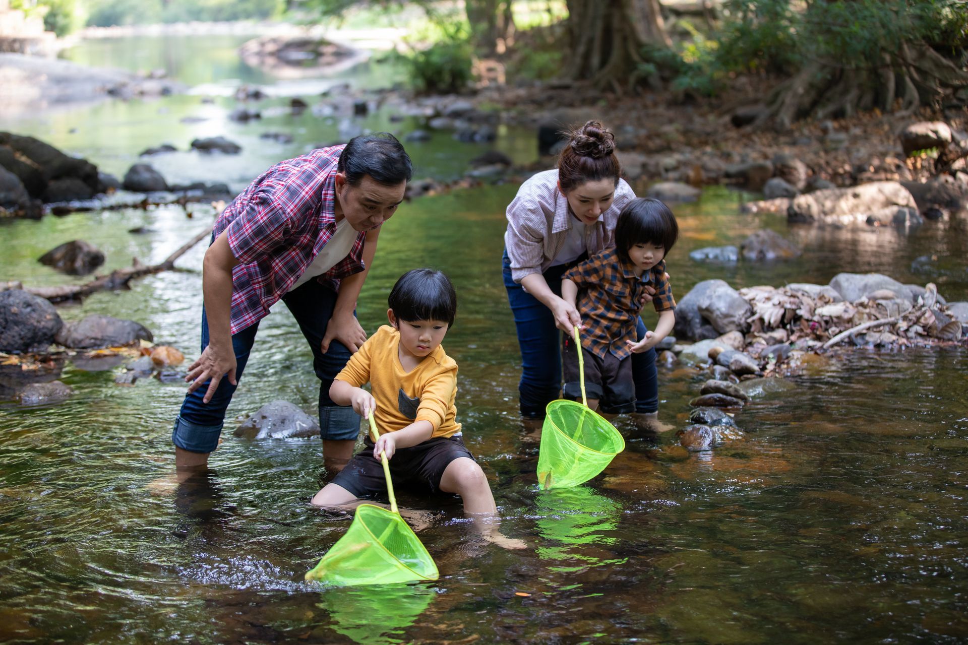 A family is playing in a stream with nets.