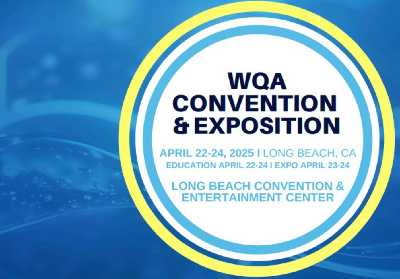 A blue and yellow circle with the words wqa convention & exposition on it