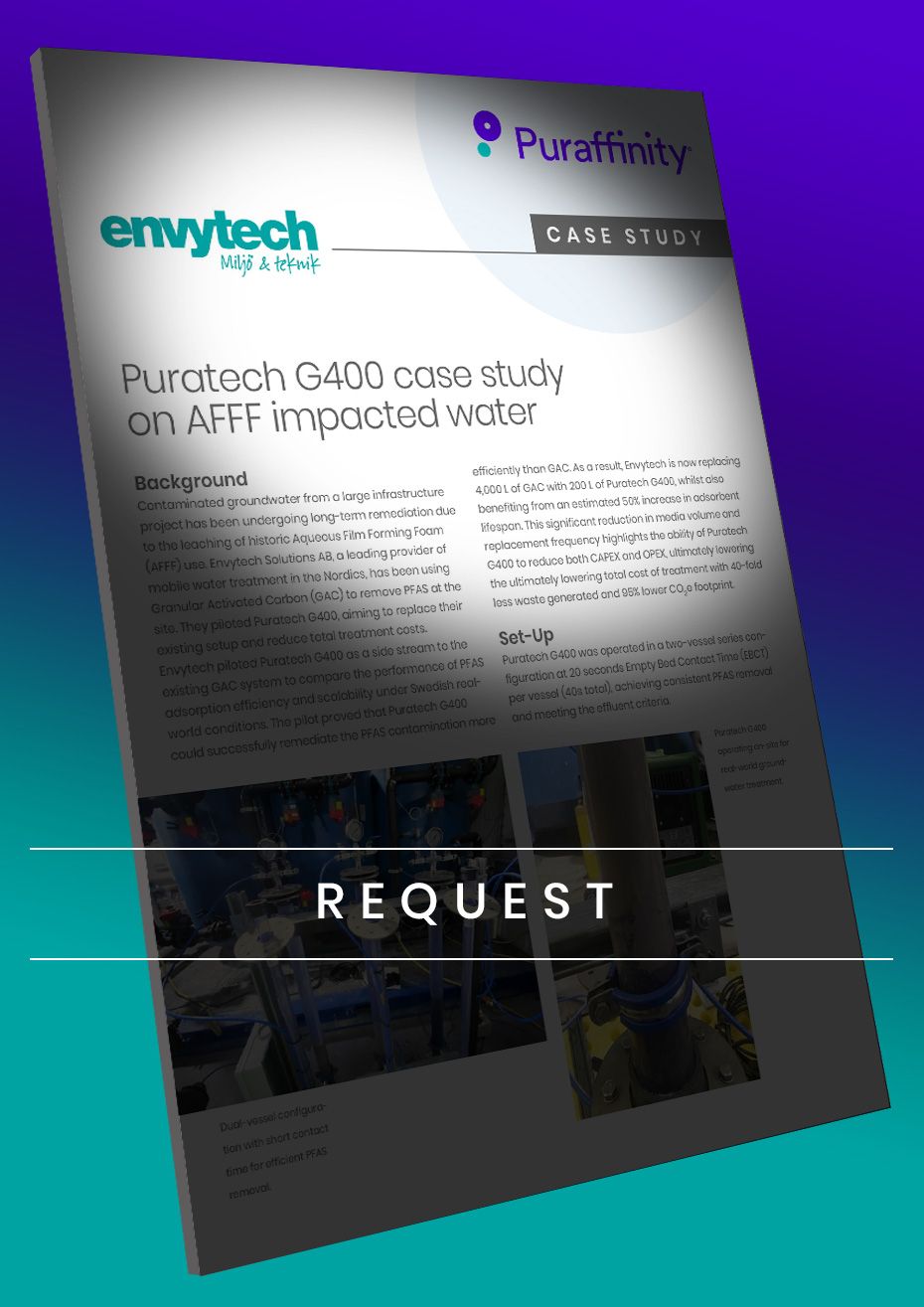 Front page of Puraffinity case study on AFFF water on a purple background 