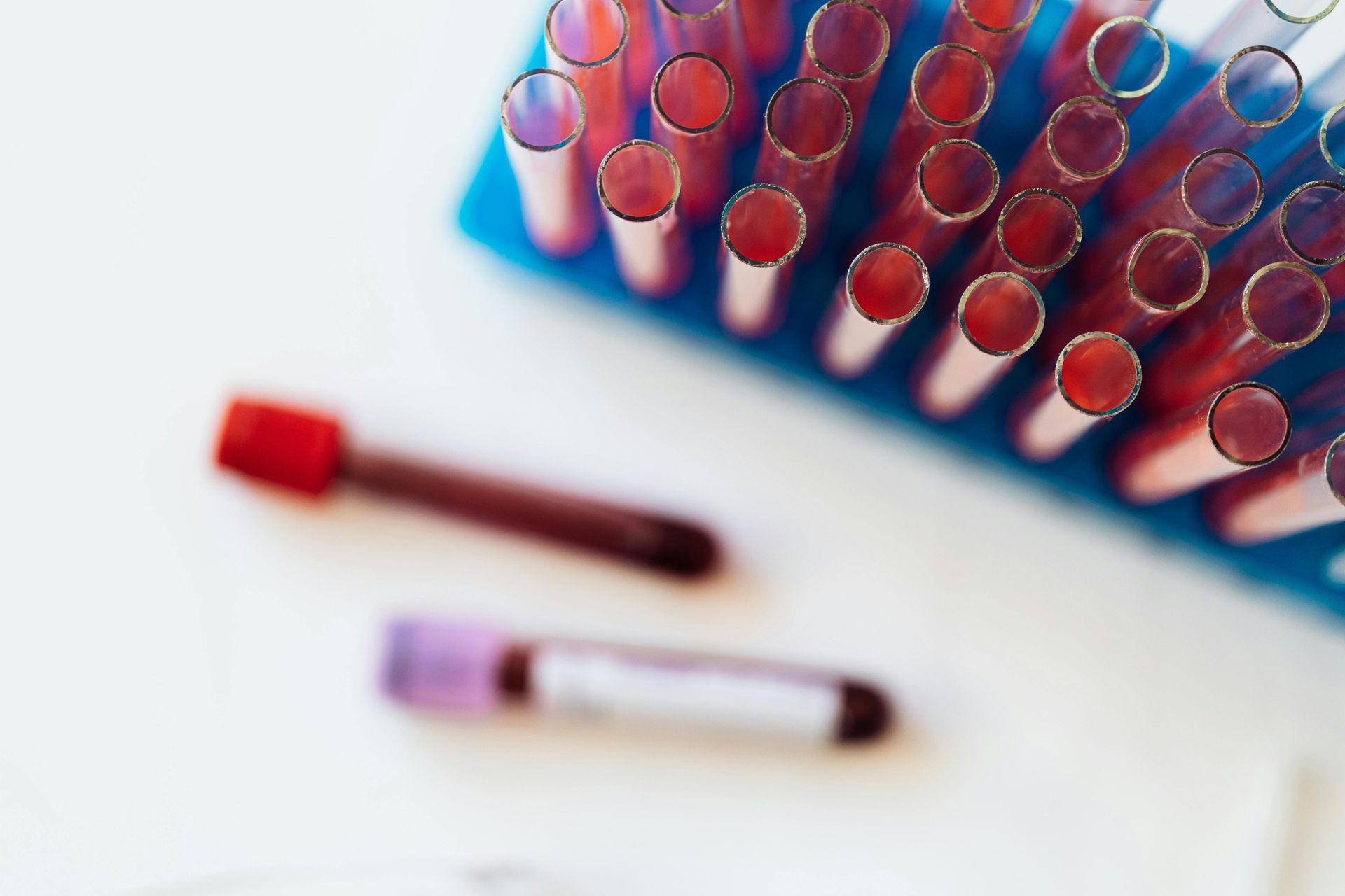 Test tubes with red contents in a blue rack, two tubes lying on white surface, blood samples.