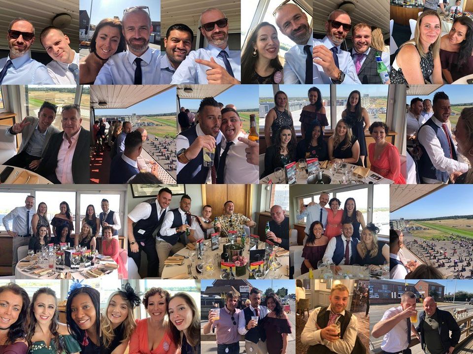 Multiple images of the team at Newbury Races