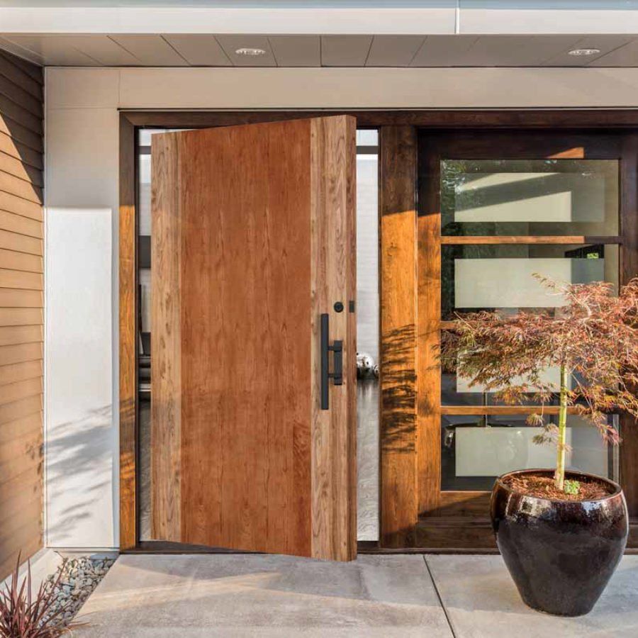 A wooden door with a potted plant in front of it