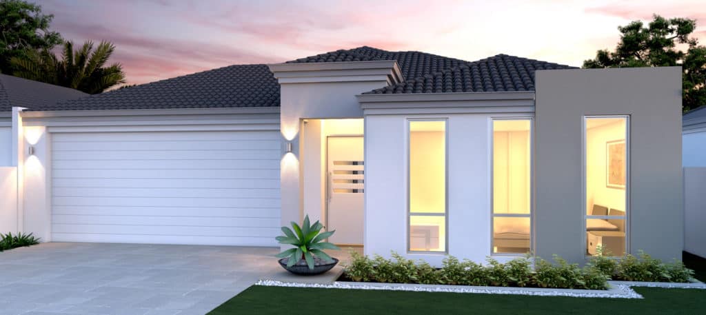 A white house with a black roof and a white garage door