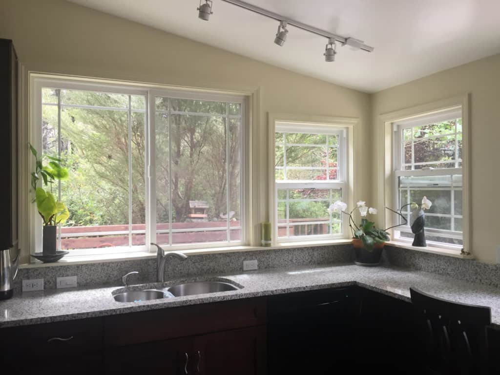 A kitchen with a sink and a lot of windows