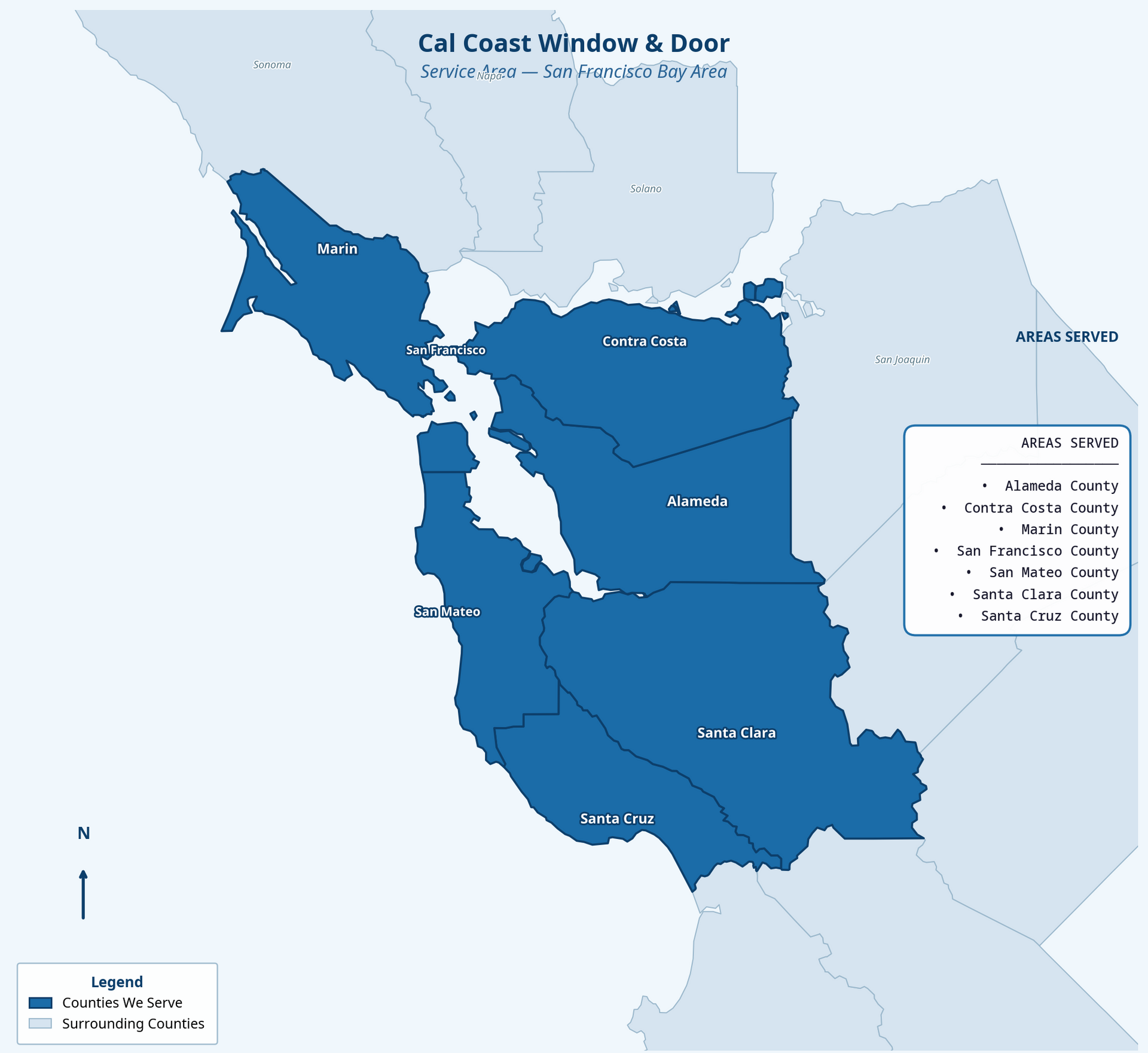 Map of the San Francisco Bay Area showing the areas served by Cal Coast Window & Door
