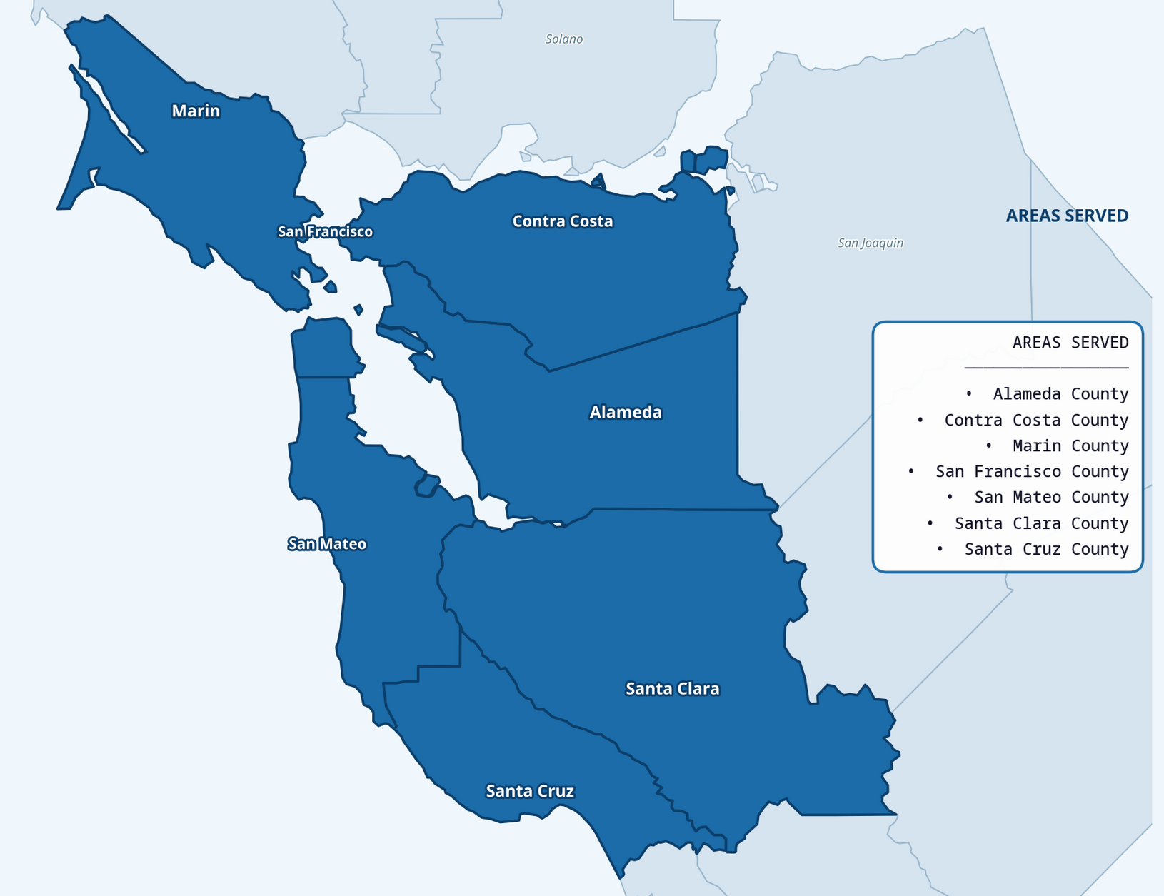Map of the 7 counties served by Cal Coast window 7 Door