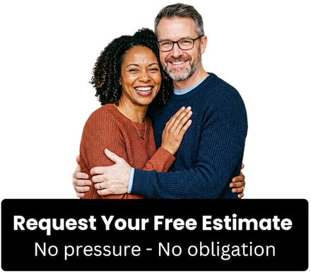 A smiling couple embraces, promoting a free estimate service with a friendly message. Request Free Estimate