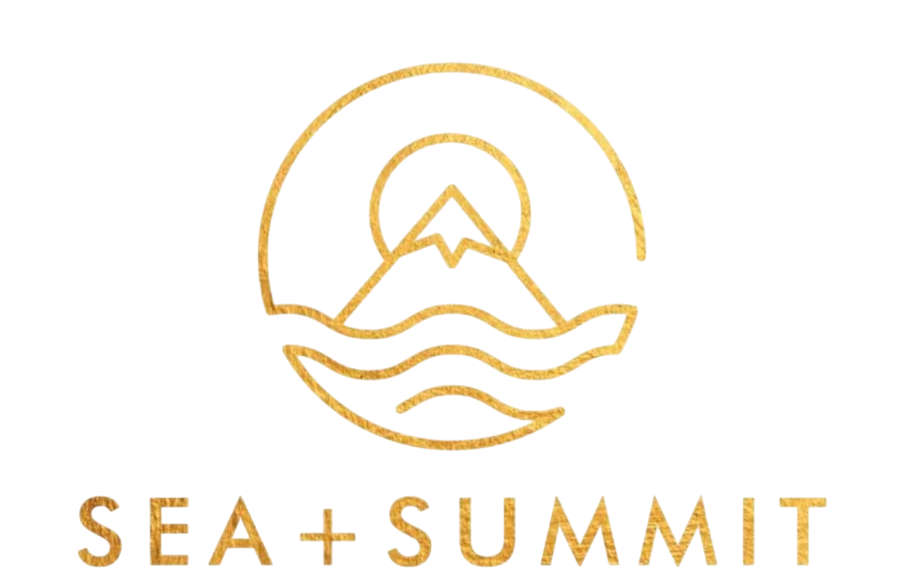 The logo for sea + summit contracting shows a mountain and waves in a circle.