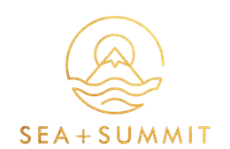 The logo for sea + summit contracting shows a mountain and waves in a circle.