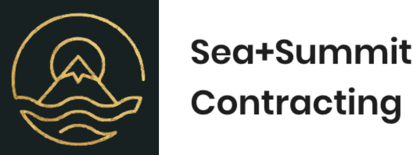 The logo for sea + summit contracting has a mountain and waves in a circle.