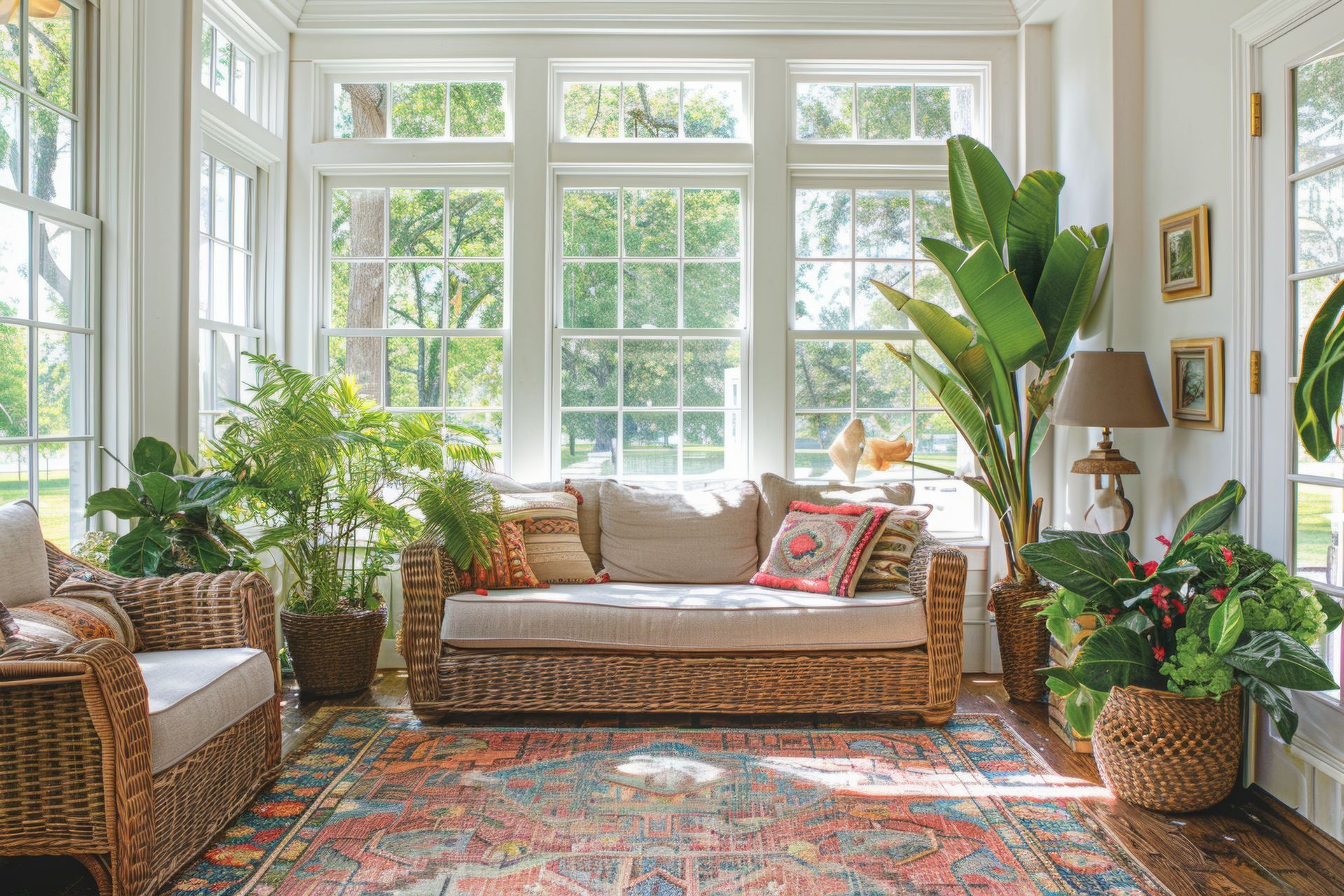 A living room with a couch , chair , rug and lots of windows.