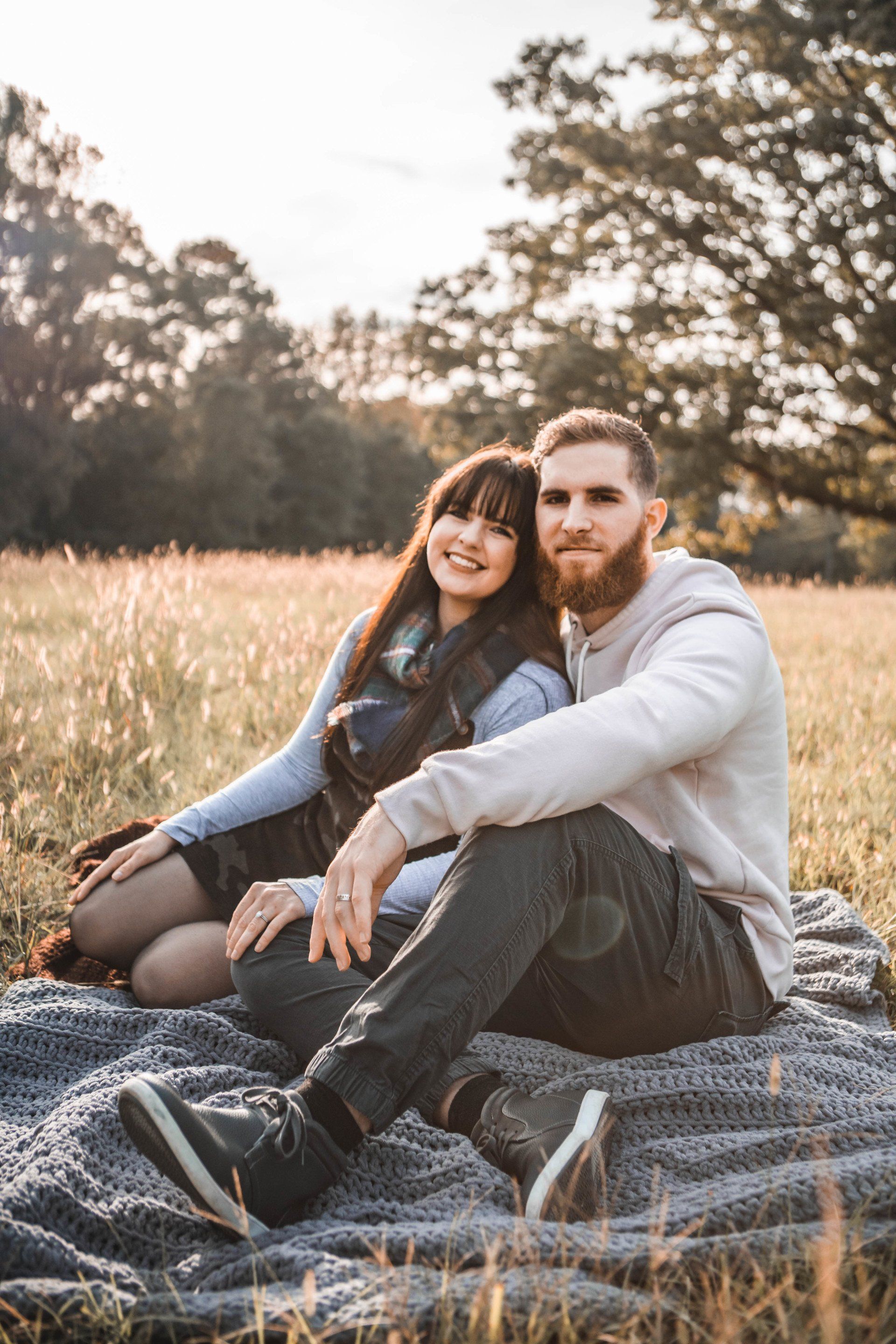 A man and a woman are sitting on a blanket in a field.