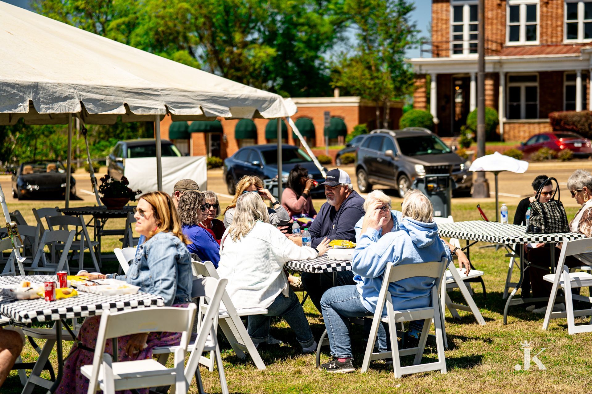 A group of people are sitting at tables in the grass under a tent.