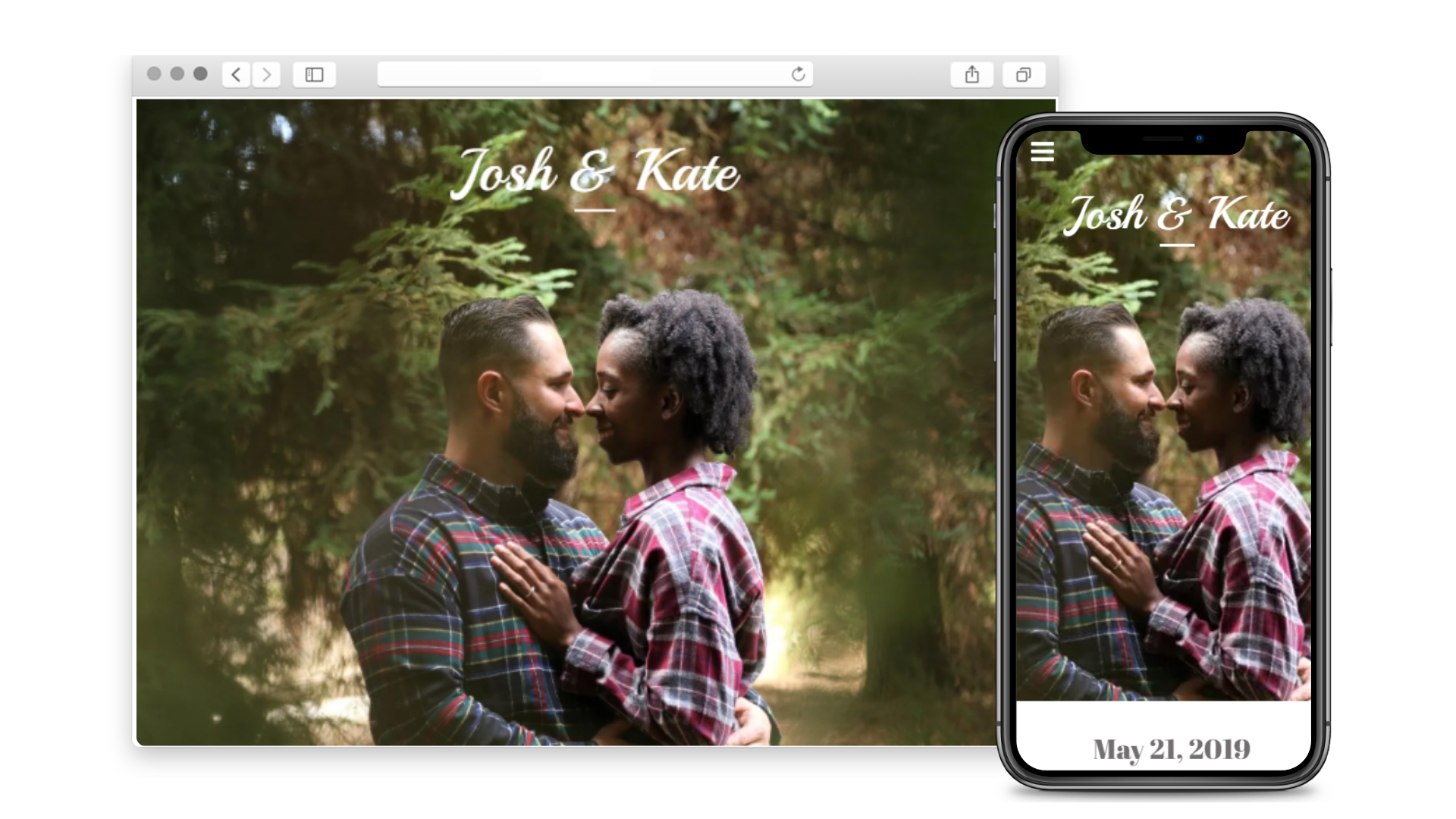 A couple kissing on a website and a phone.