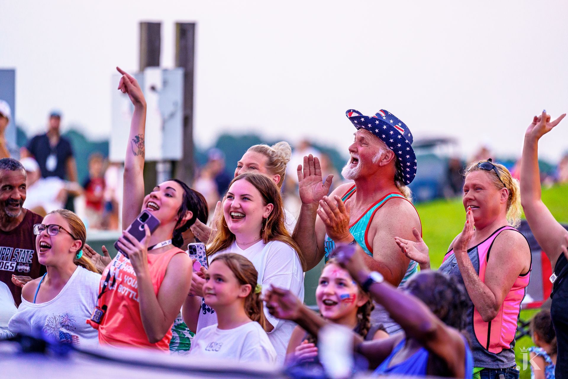 A group of people are standing in a crowd watching a concert.