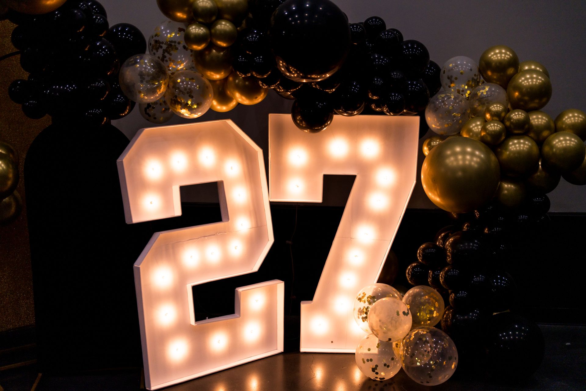 The number 27 is lit up and surrounded by balloons.