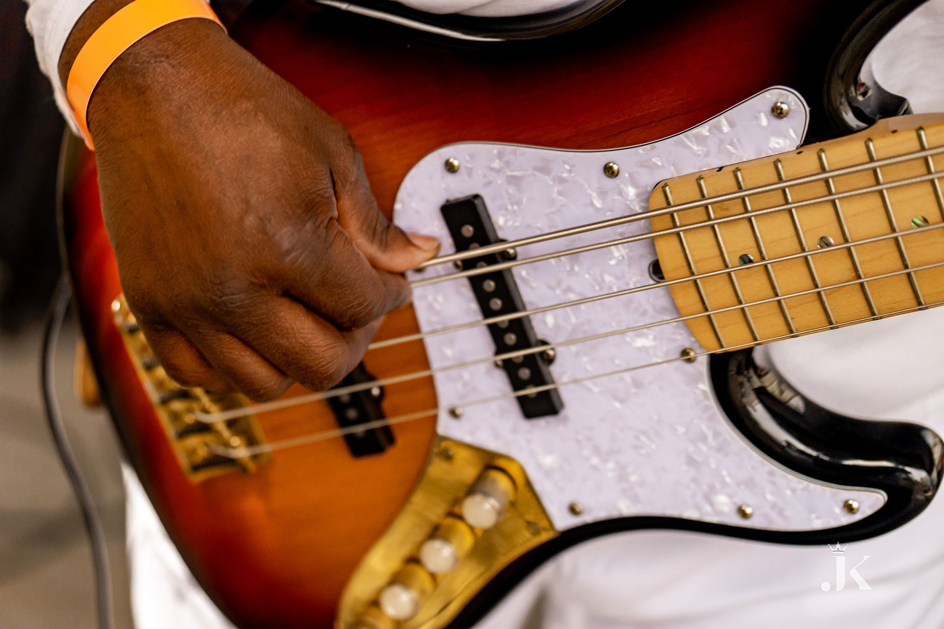 A close up of a person playing a bass guitar