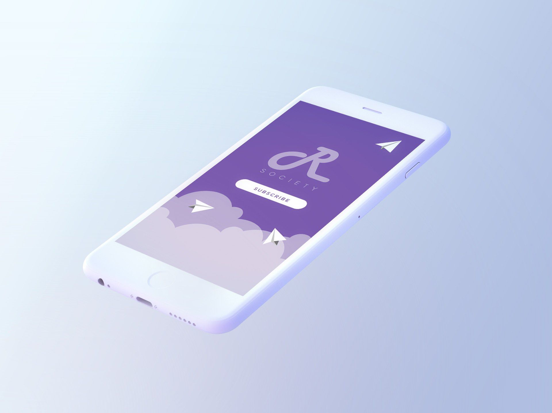 A white cell phone with a purple screen is sitting on a table.