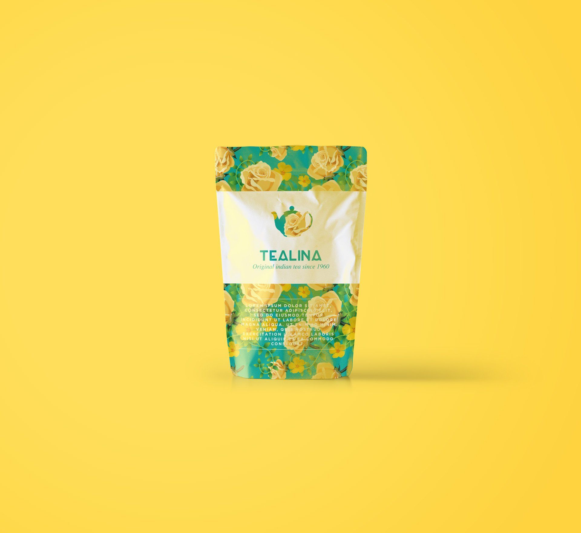 A bag of tea with a teapot on it is on a yellow background.