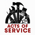 Black tools: hammer, wrench, drill, saw blade, paintbrush, plug, and the words "Acts of Service" in red.