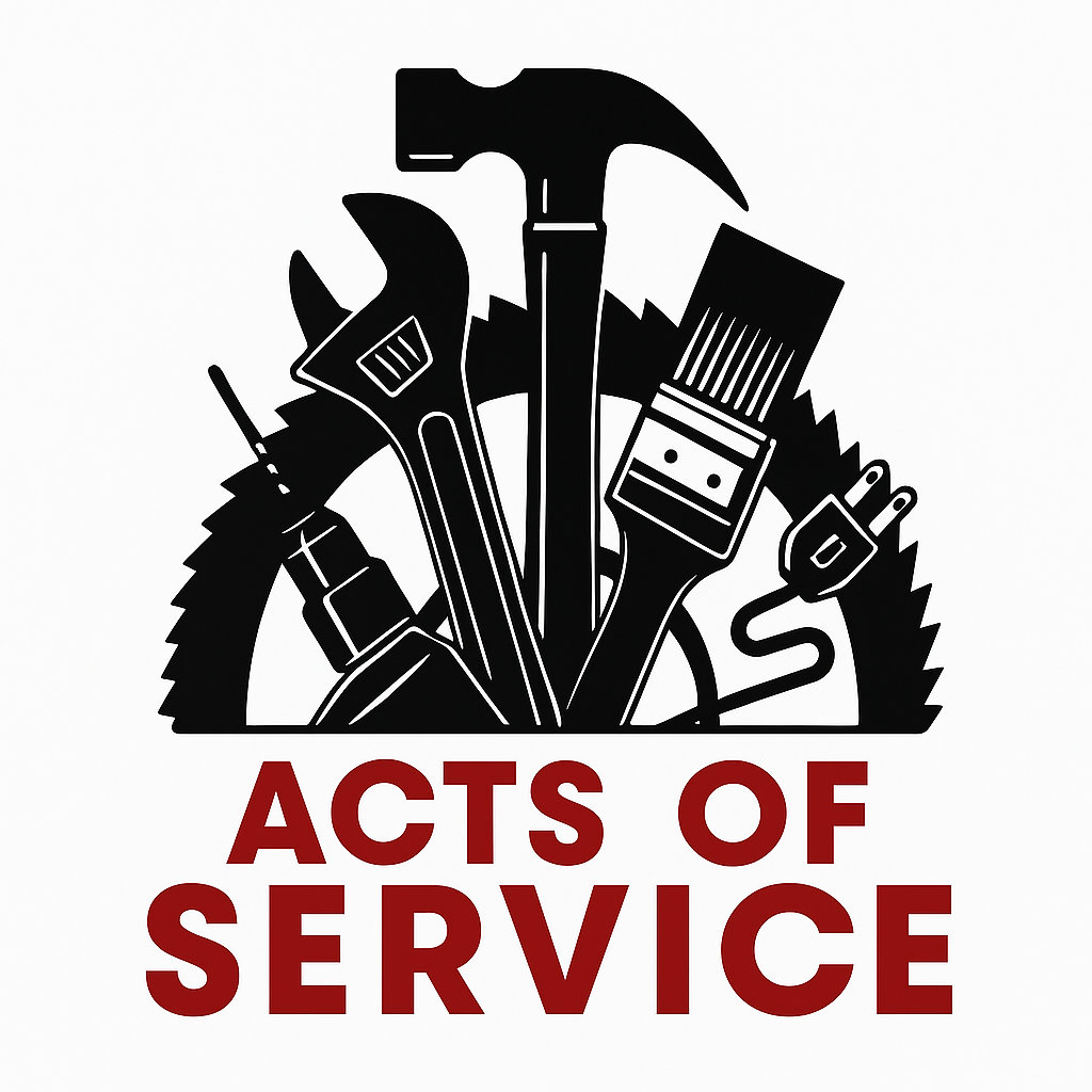Black tools: hammer, wrench, drill, saw blade, paintbrush, plug, and the words "Acts of Service" in red.
