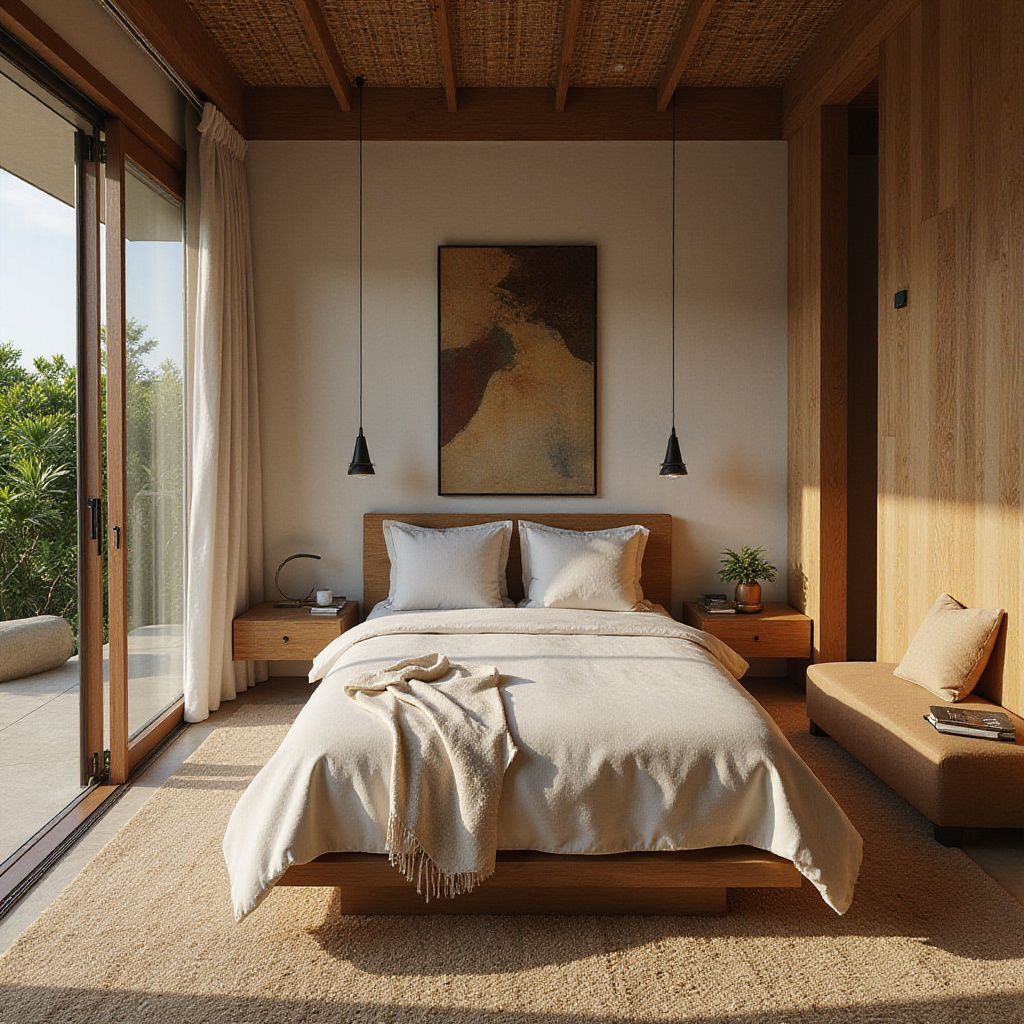 Dormitorio con cama de madera, mesitas de noche y puerta corrediza a un patio. Ropa de cama beige