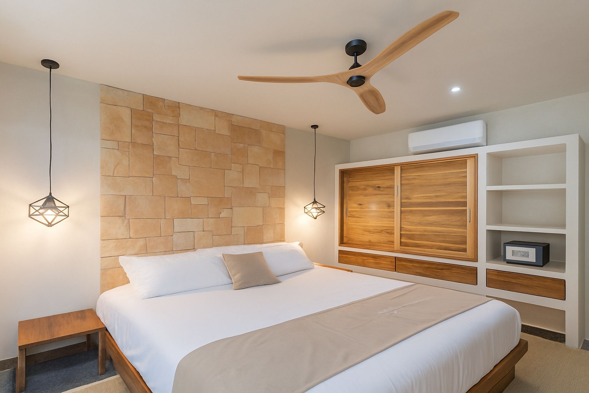Bedroom with king bed, stone accent wall, wooden furniture, and ceiling fan.