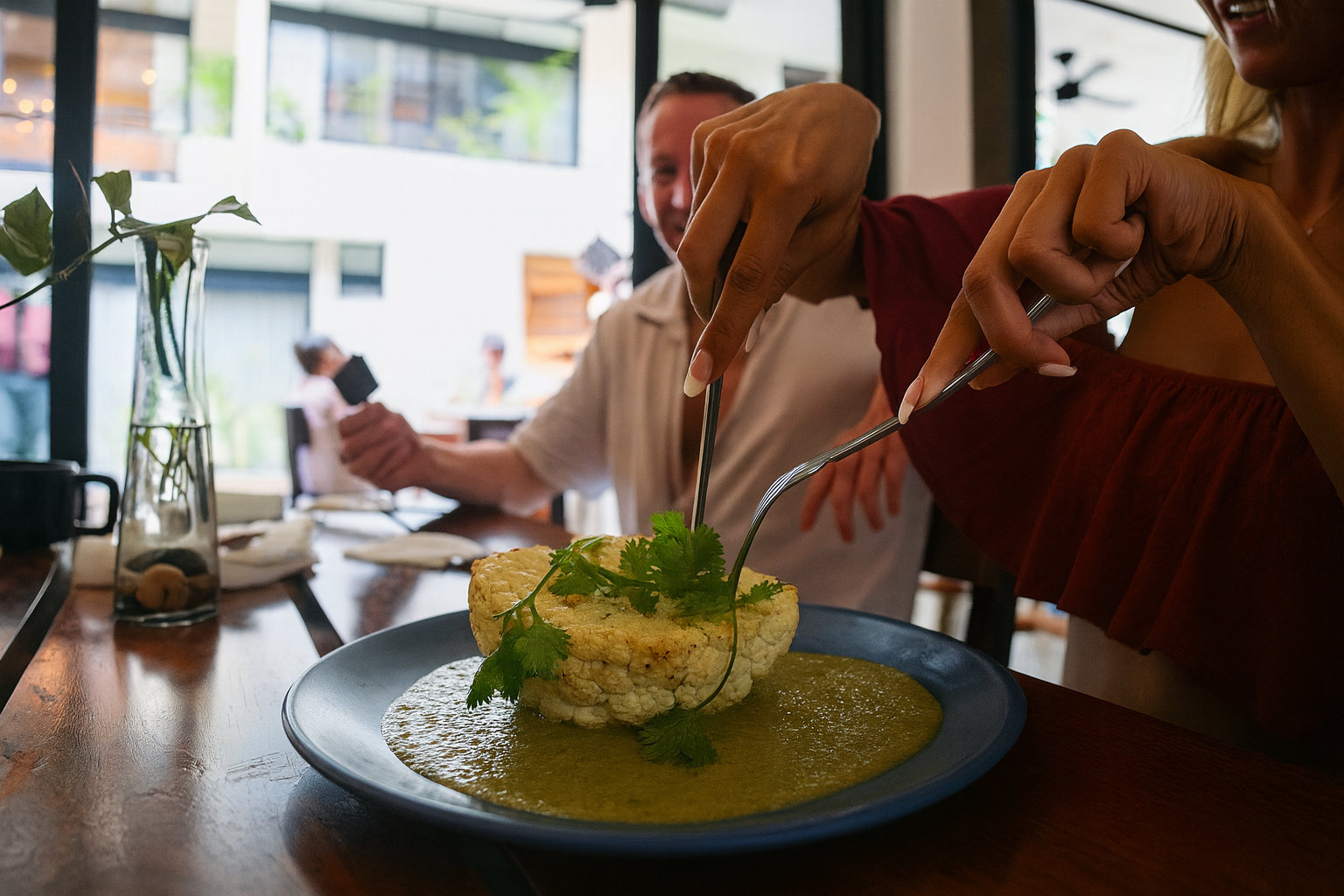 Person cuts into a meal at a restaurant. A plate of food is in focus, another person in the background. Natural light.