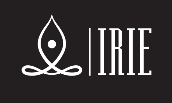 White stylized figure in yoga pose next to 