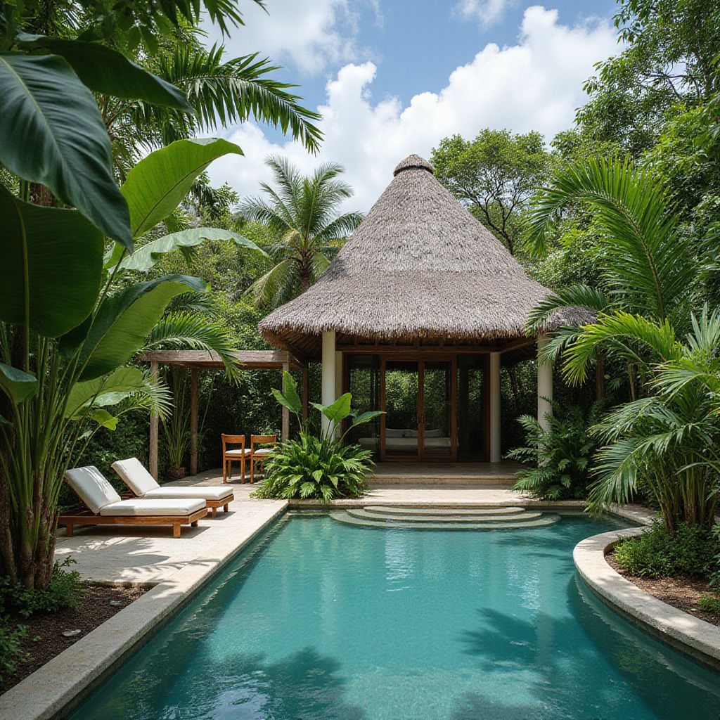 Cabaña junto a la piscina con techo de paja, rodeada de exuberante follaje tropical.