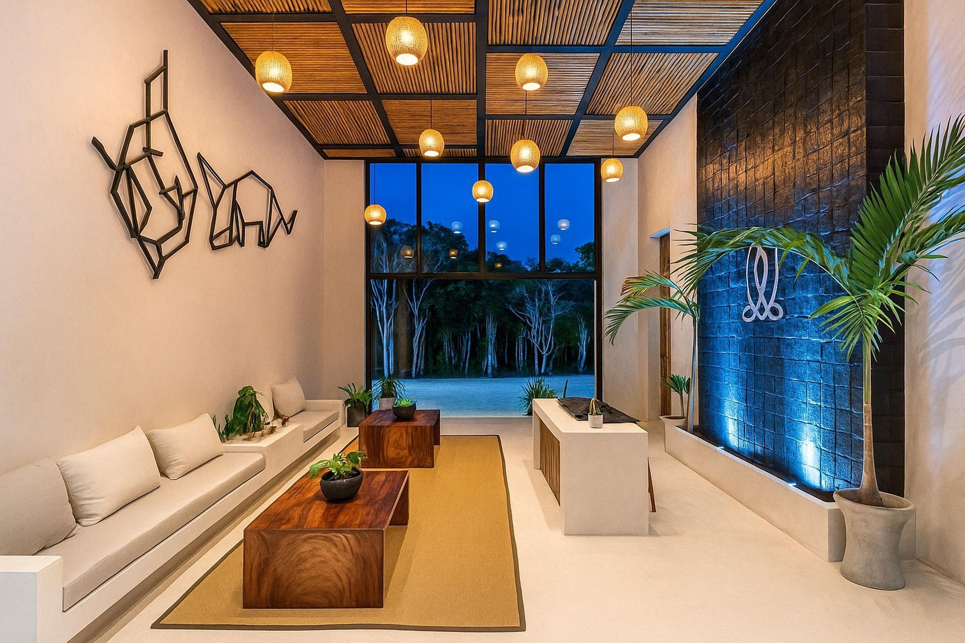 Lobby with reception desk, sofas, and a water feature. Wooden ceiling and ambient lighting.