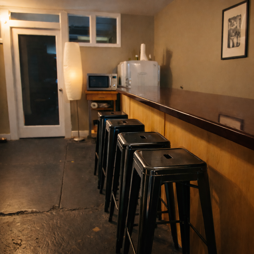 Bar with stools along a counter, vintage appliances in the background, doorway on the left, and a lamp.