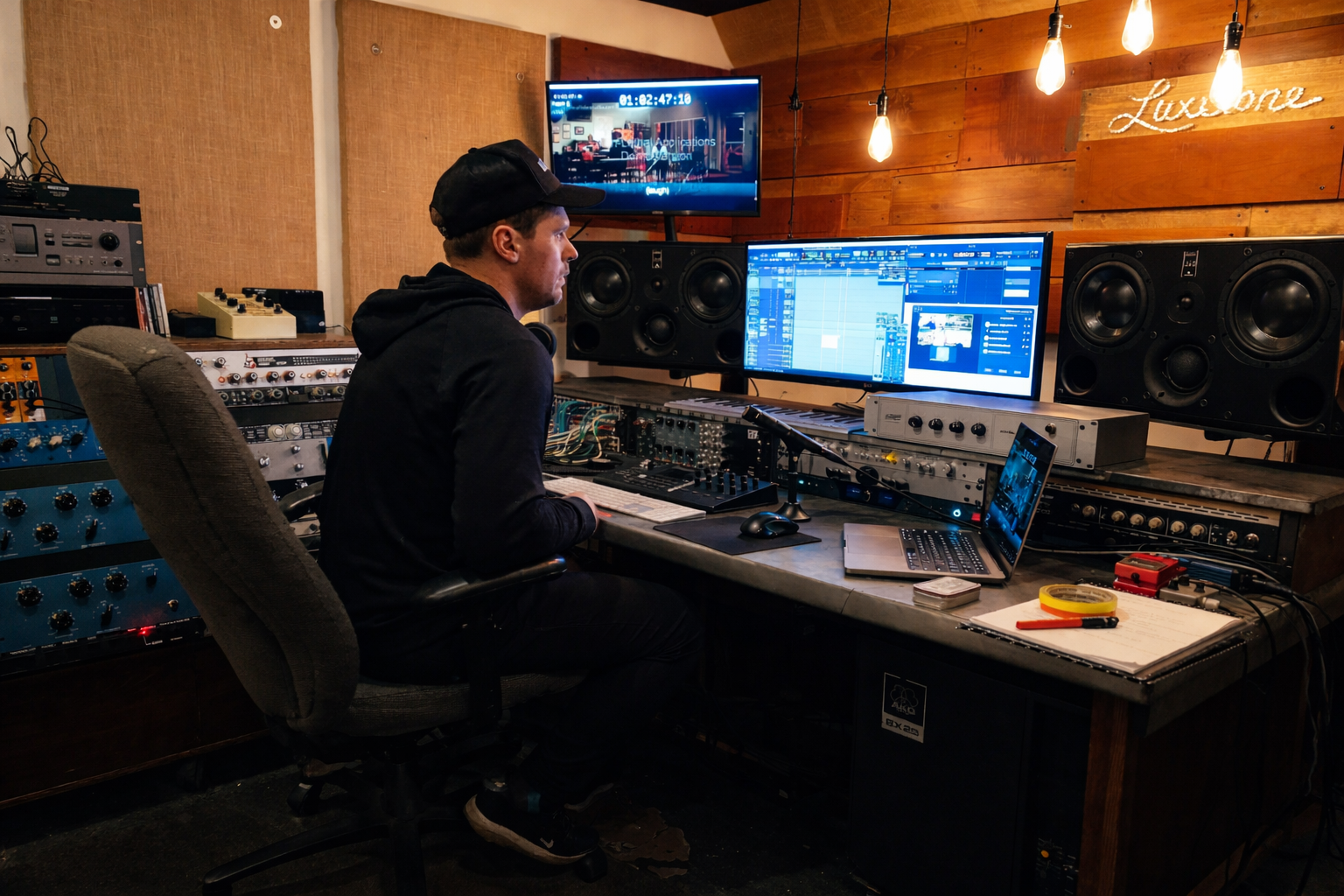 Person seated at a sound mixing console in a recording studio, focused on computer screens.