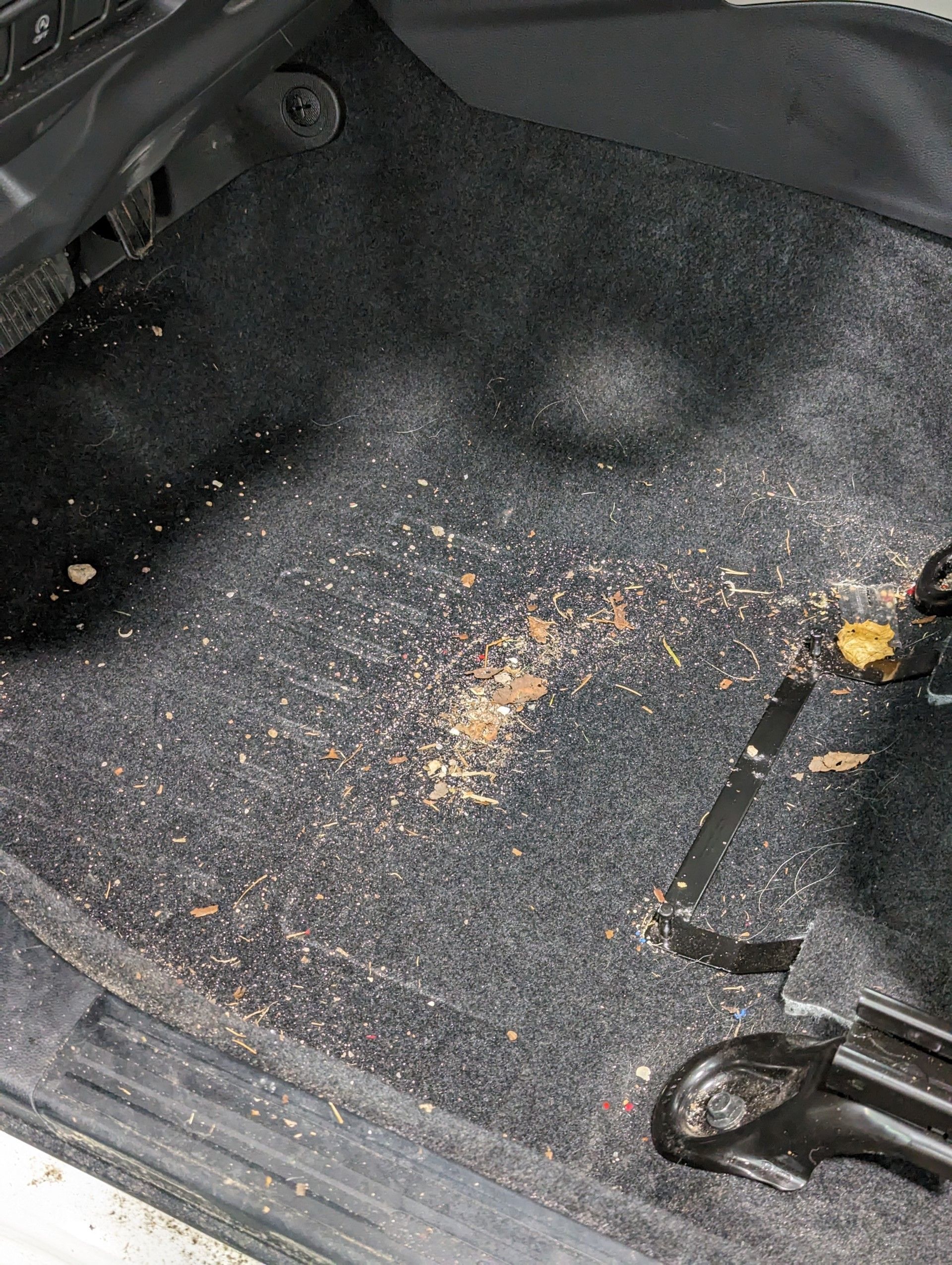 Before Interior Detailing - The floor of a car is covered in dust and dirt.