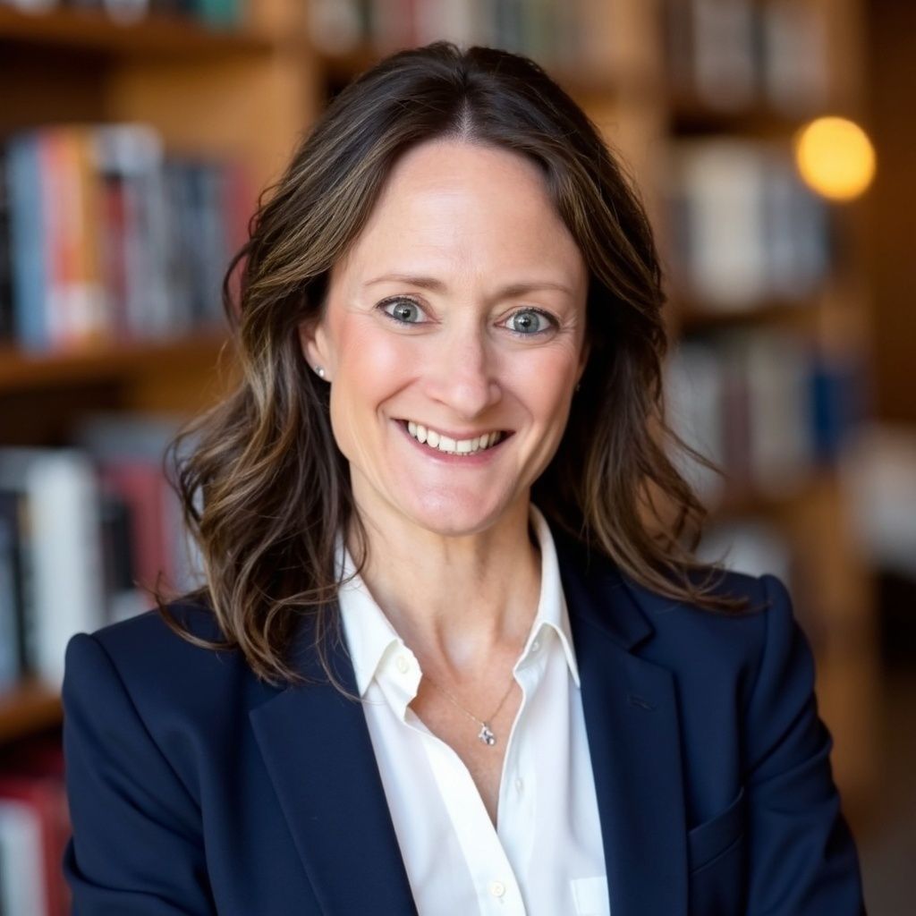 A woman in a green shirt is smiling for the camera