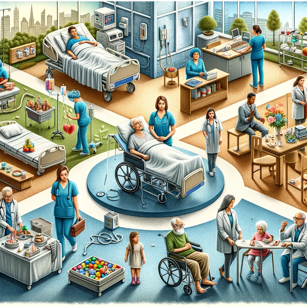 An illustration of a hospital with a patient in a wheelchair