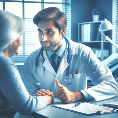 A doctor is talking to an elderly woman and giving her a thumbs up.