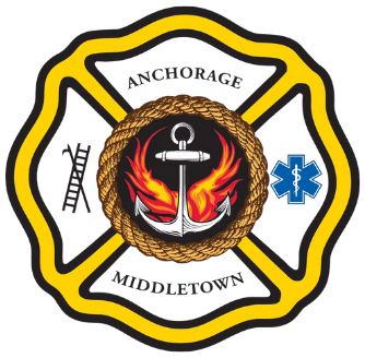 Anchorage-Middletown Fire Department emblem: white Maltese cross with yellow outline, rope ring, anchor, flames, ladder, and paramedic symbol.