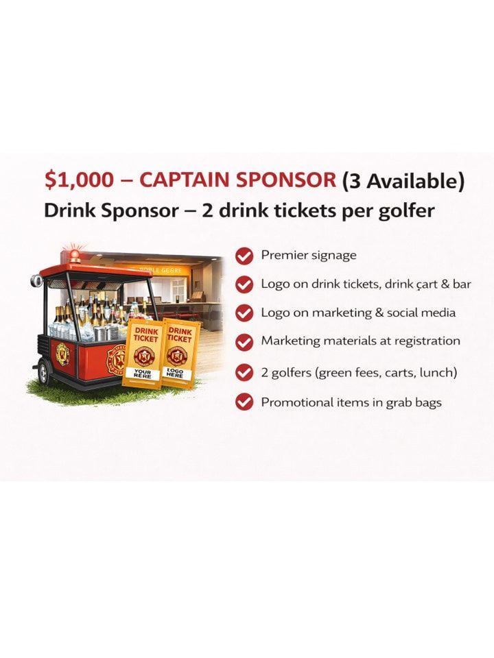 Captain Sponsor advertisement: $1000 package for a golf event, includes drink sponsorship and golfer benefits.