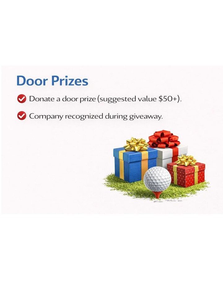 Advertisement for door prizes, with gifts and golf ball. Text says to donate door prize (suggested value $50+). Company recognized.