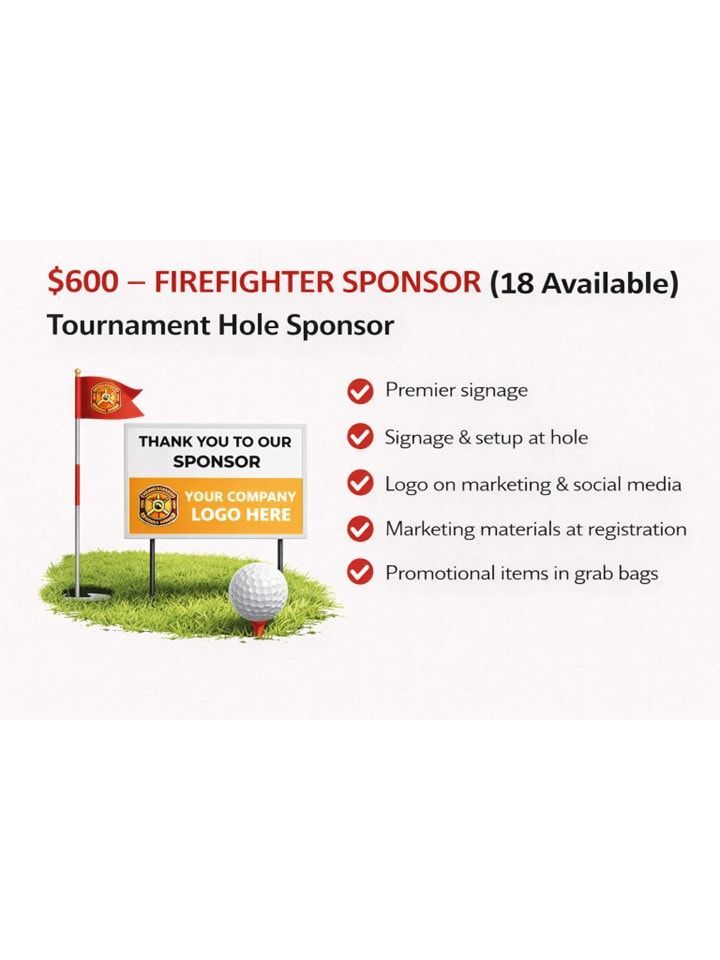 Golf tournament sponsorship advertisement. Features a hole sign with text, a golf ball, and bullet points detailing the sponsor benefits.