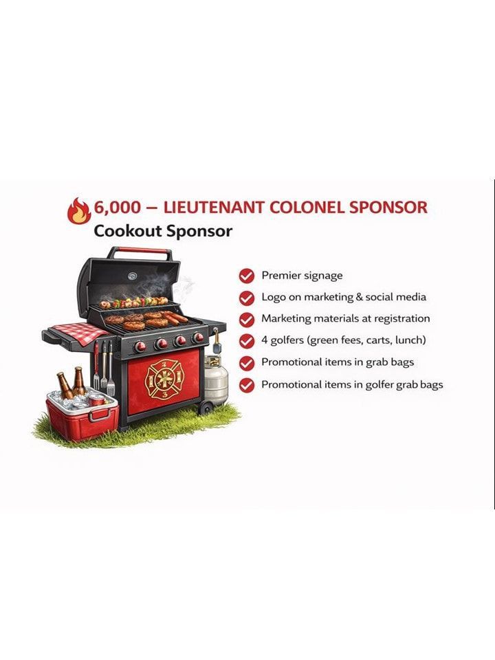 Cookout sponsor advertisement: Grill with burgers and cooler, list of sponsor benefits in red text.